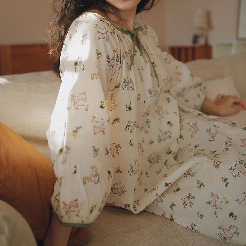 Rural Rabbit Cotton Gauze Soft Nightdress