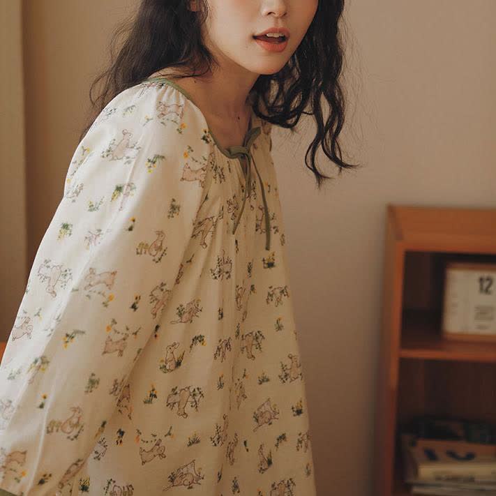 Rural Rabbit Cotton Gauze Soft Nightdress