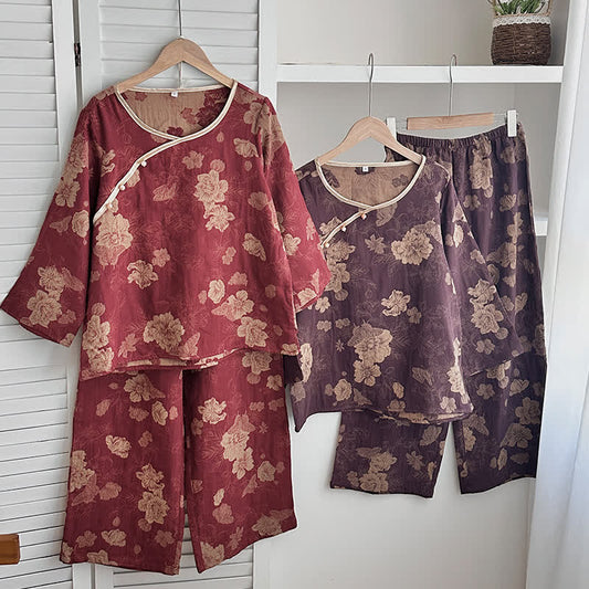Vintage Floral Cotton Gauze Jacquard Nightwear Set