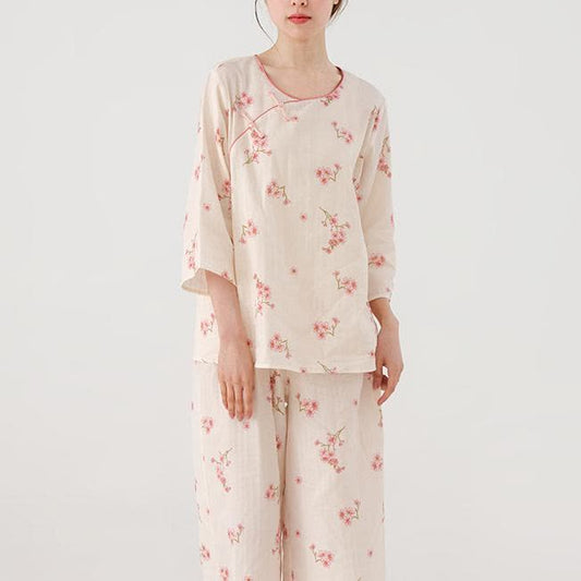 Elegant Plum Blossom Cotton Gauze Nightwear Set