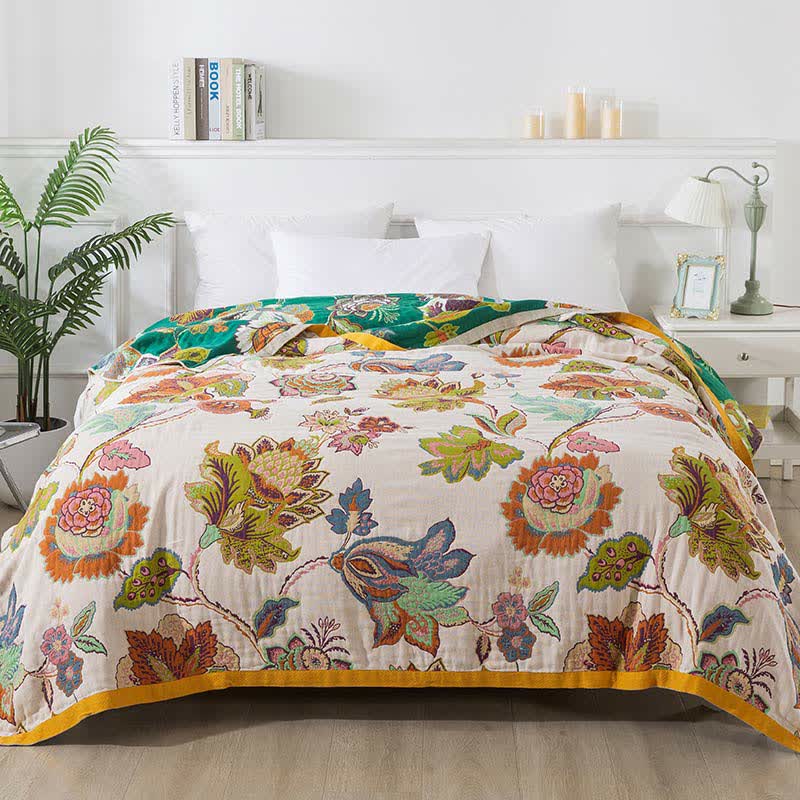 Colorful Floral Cotton Gauze Reversible Quilt