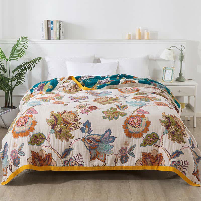 Colorful Floral Cotton Gauze Reversible Quilt
