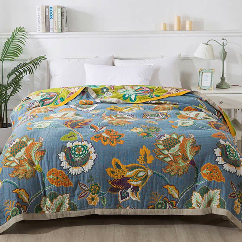 Colorful Floral Cotton Gauze Reversible Quilt