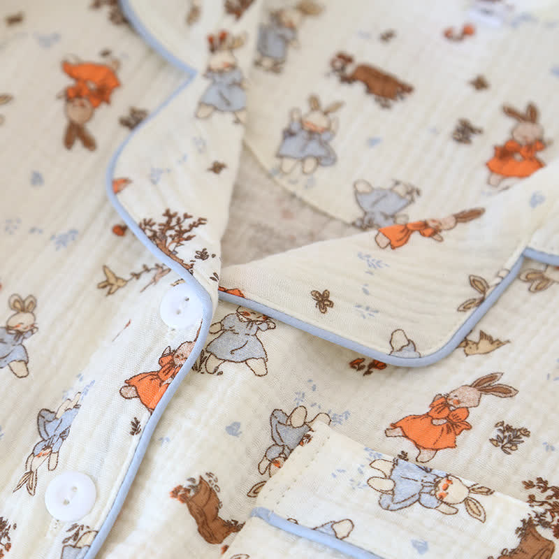 Rabbit Print Cotton Gauze Short Sleeve Loungewear Set