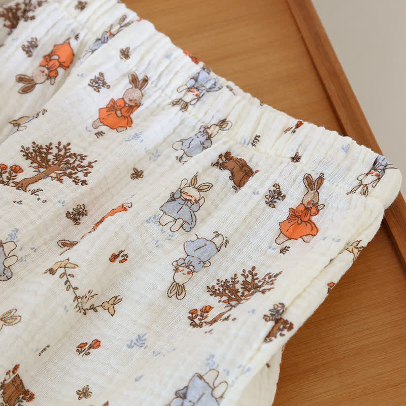 Rabbit Print Cotton Gauze Short Sleeve Loungewear Set