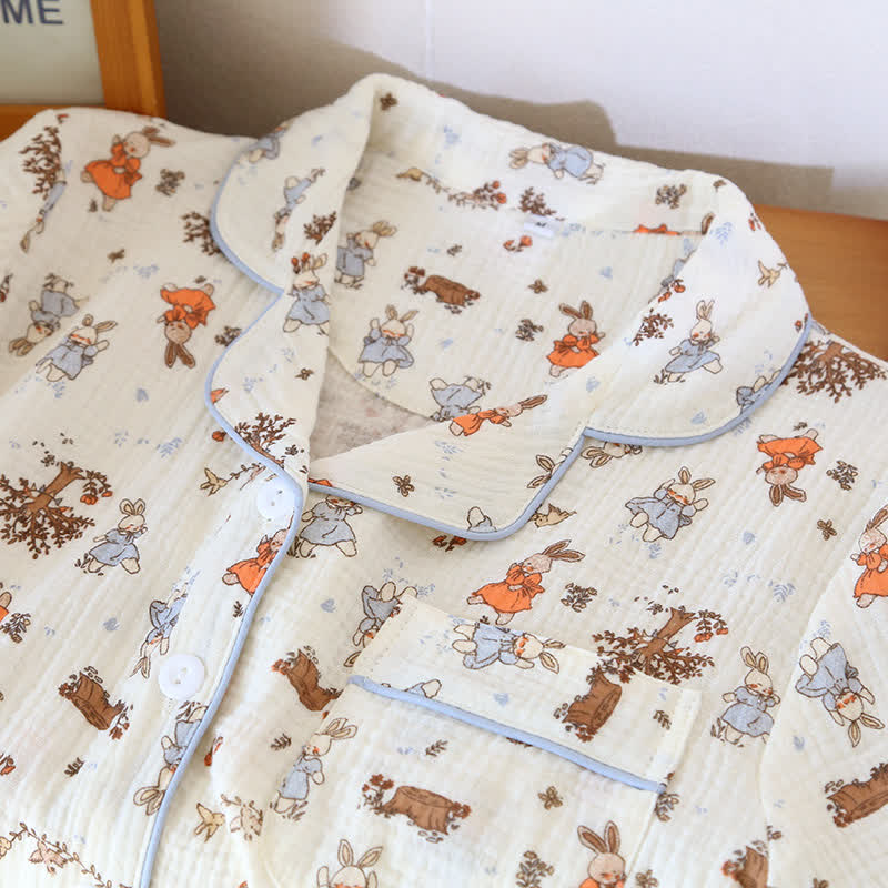Rabbit Print Cotton Gauze Short Sleeve Loungewear Set