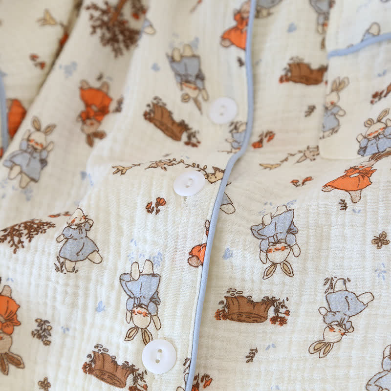 Rabbit Print Cotton Gauze Short Sleeve Loungewear Set