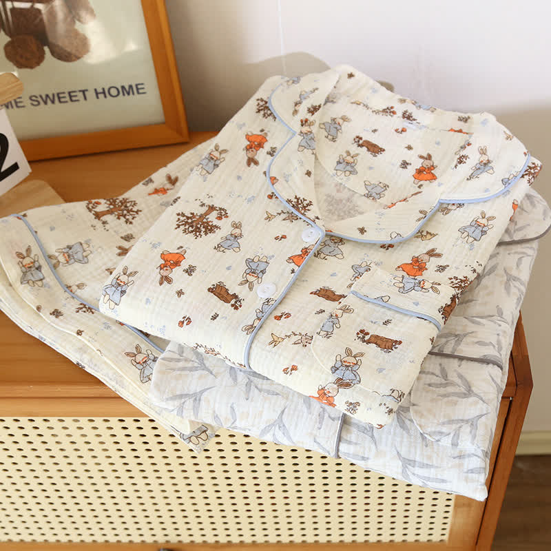 Rabbit Print Cotton Gauze Short Sleeve Loungewear Set