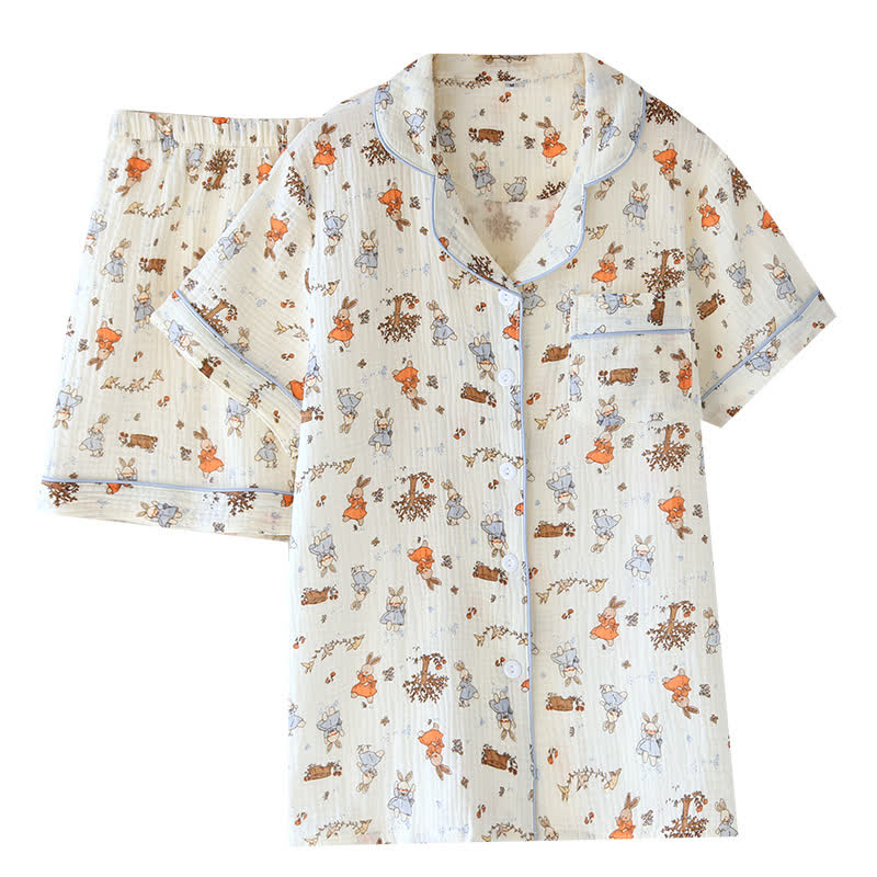 Rabbit Print Cotton Gauze Short Sleeve Loungewear Set
