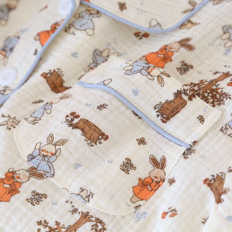Rabbit Print Cotton Gauze Short Sleeve Loungewear Set