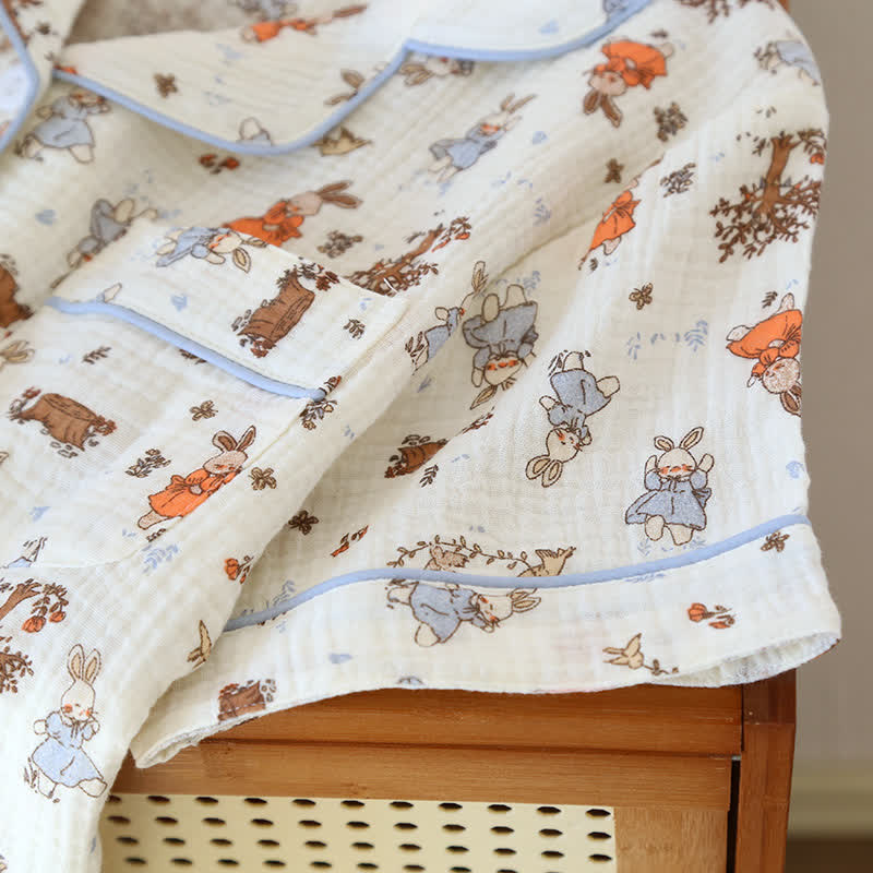 Rabbit Print Cotton Gauze Short Sleeve Loungewear Set