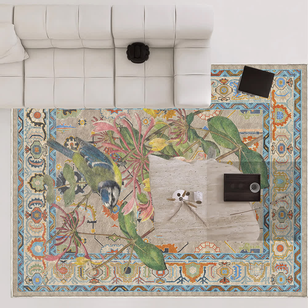 Floral Bird Water Resistant Washable Area Rug