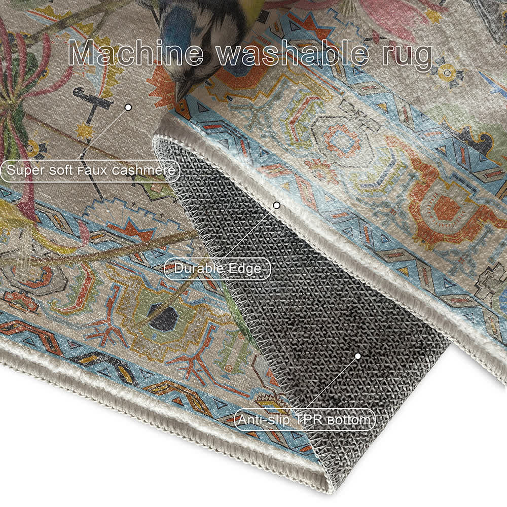 Floral Bird Water Resistant Washable Area Rug