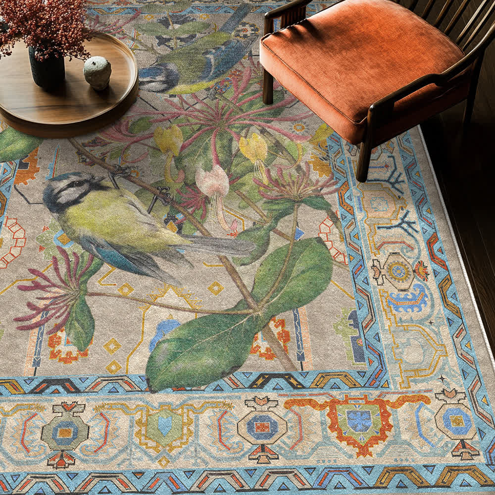 Floral Bird Water Resistant Washable Area Rug