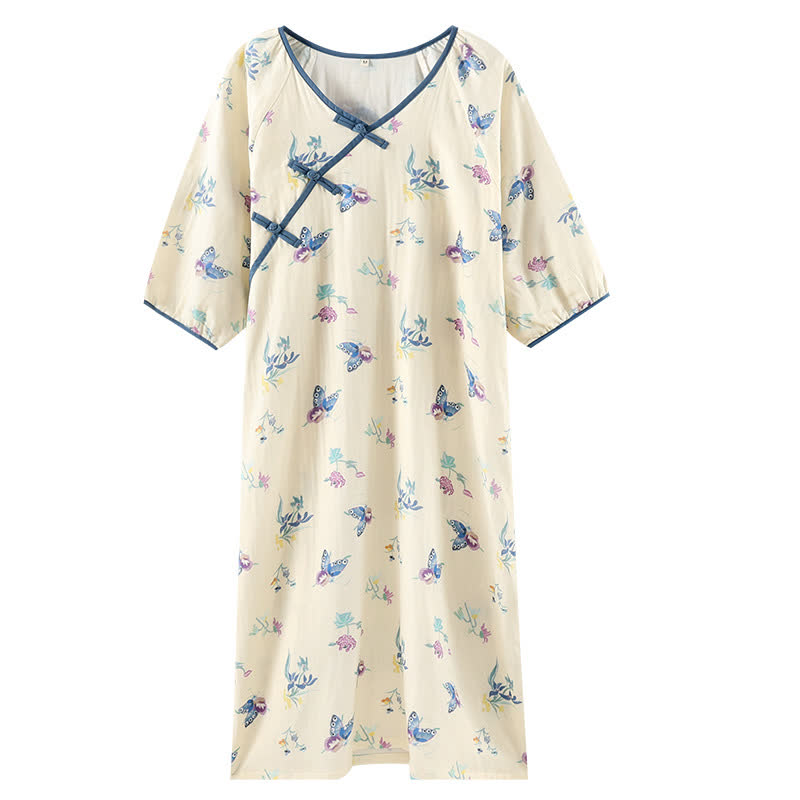 Vintage Floral Butterfly Cotton Gauze Nightgown