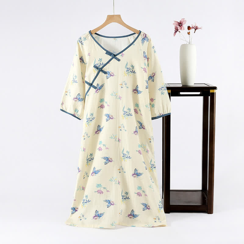 Vintage Floral Butterfly Cotton Gauze Nightgown