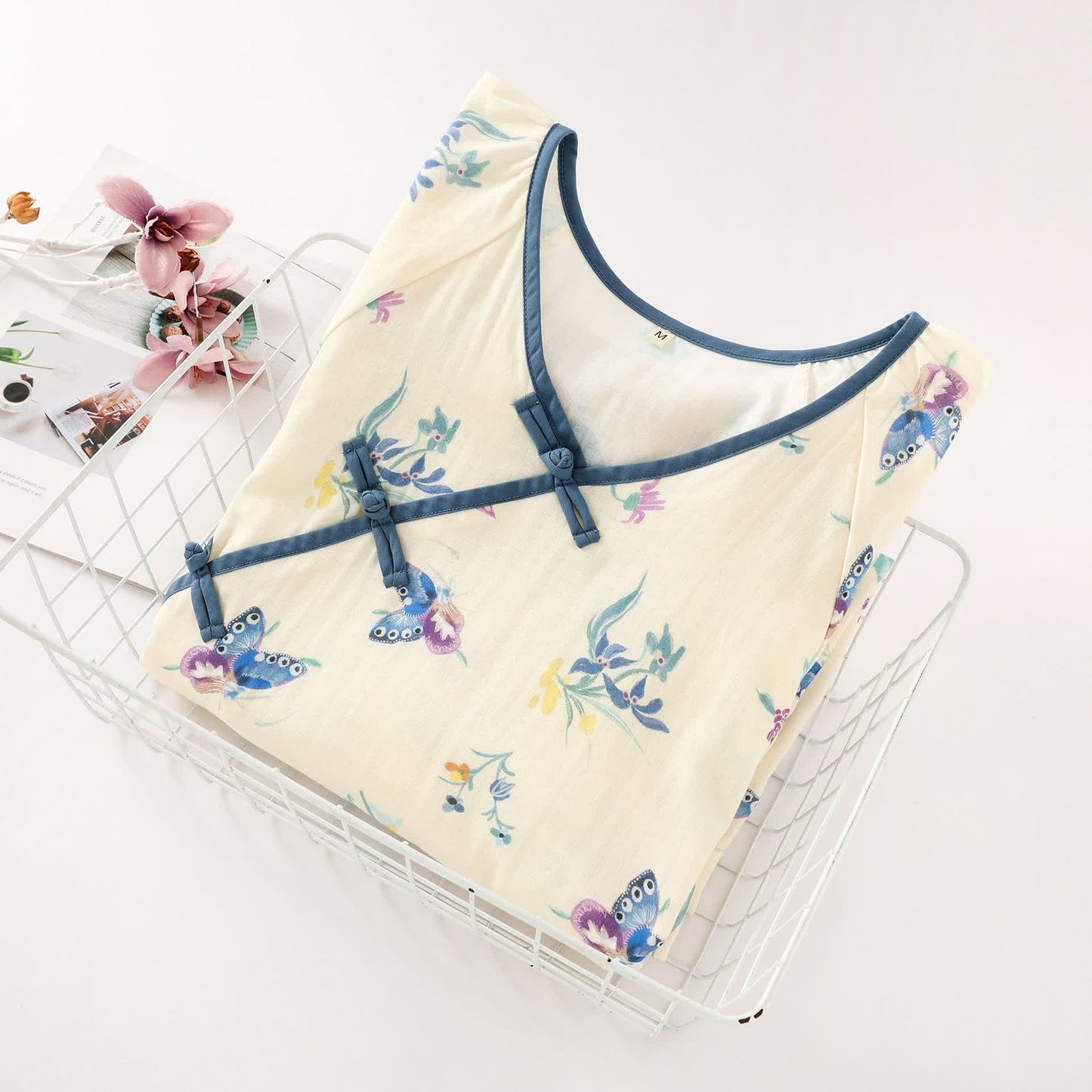 Vintage Floral Butterfly Cotton Gauze Nightgown