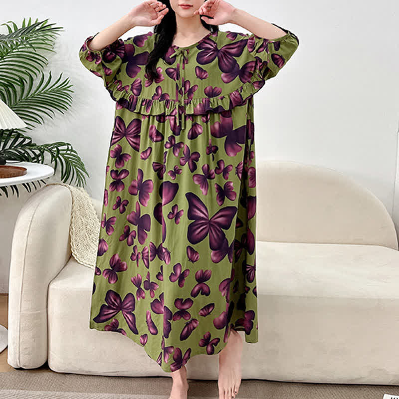 Plus Size Round Neck Butterfly Print Nightgown