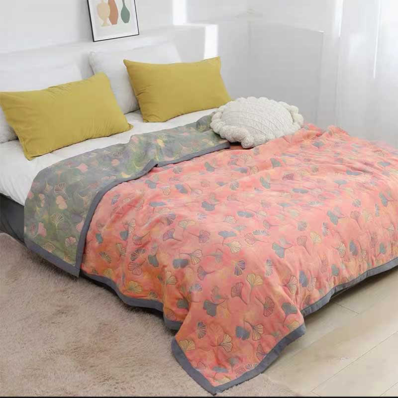 Ginkgo Leaf Pattern Cotton Reversible Quilt - Pink & Bluish Gray - Queen - Quilt - image 12