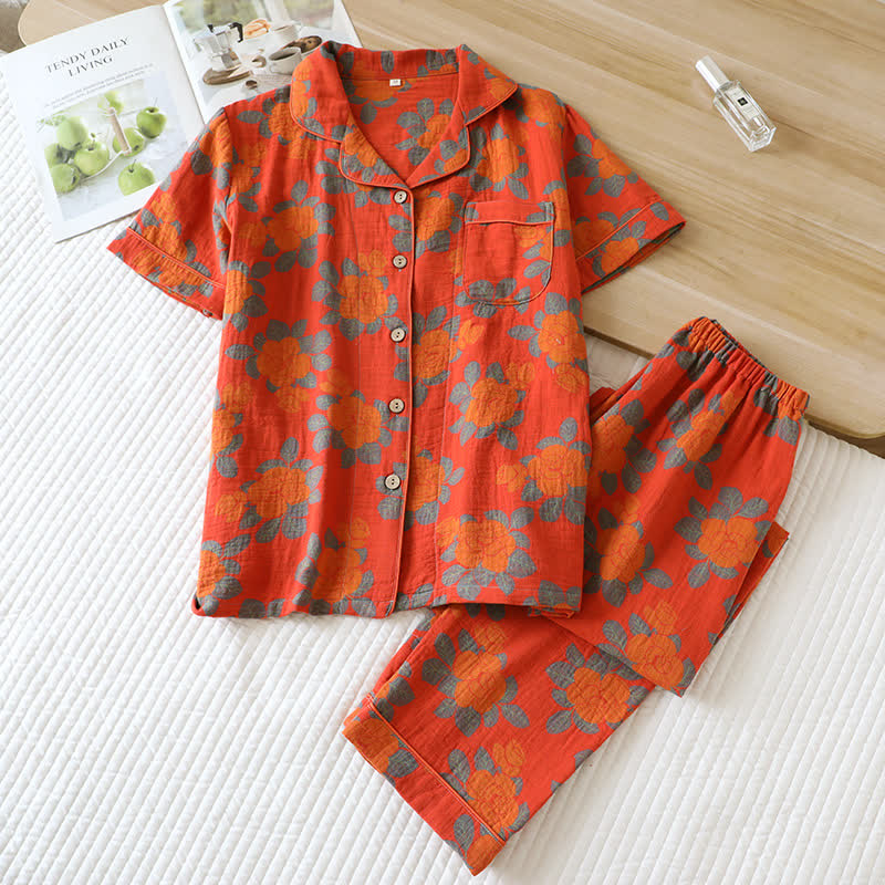 Cotton Vintage Flower Jacquard Short Sleeve Loungewear Set