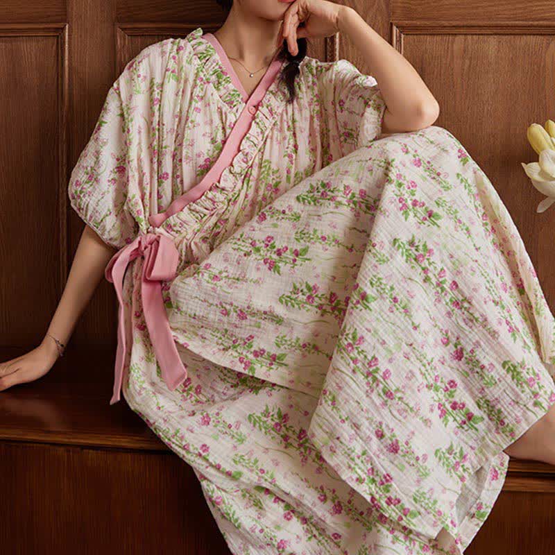 Elegant Floral Print Tie-Back Nightgown with Pocket