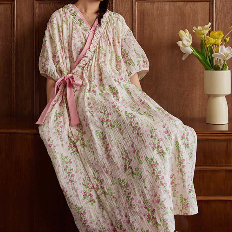 Elegant Floral Print Tie-Back Nightgown with Pocket
