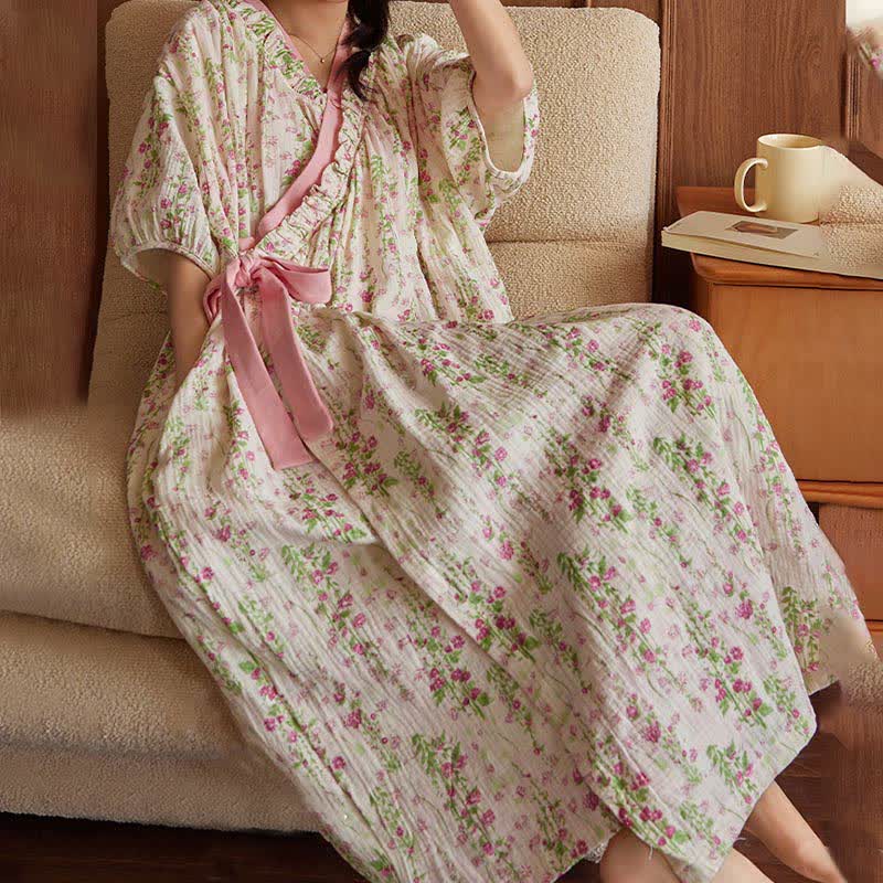 Elegant Floral Print Tie-Back Nightgown with Pocket