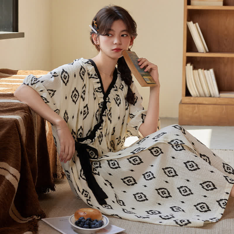 Geometric Pattern Print Padded Tie Nightgown with Pocket