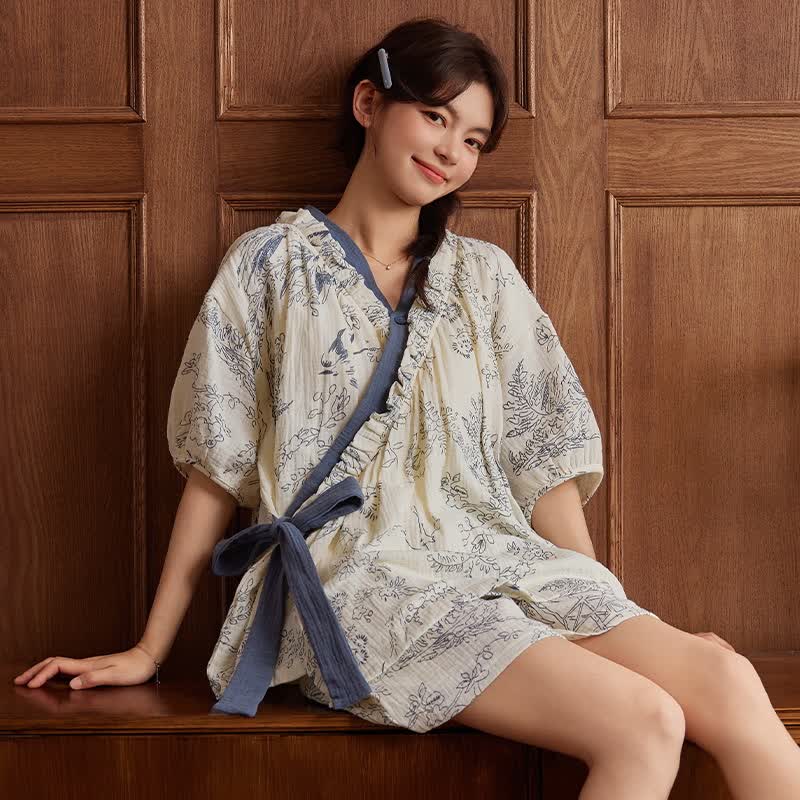 Rustic Floral Short Sleeve Bra Free Pajama Set