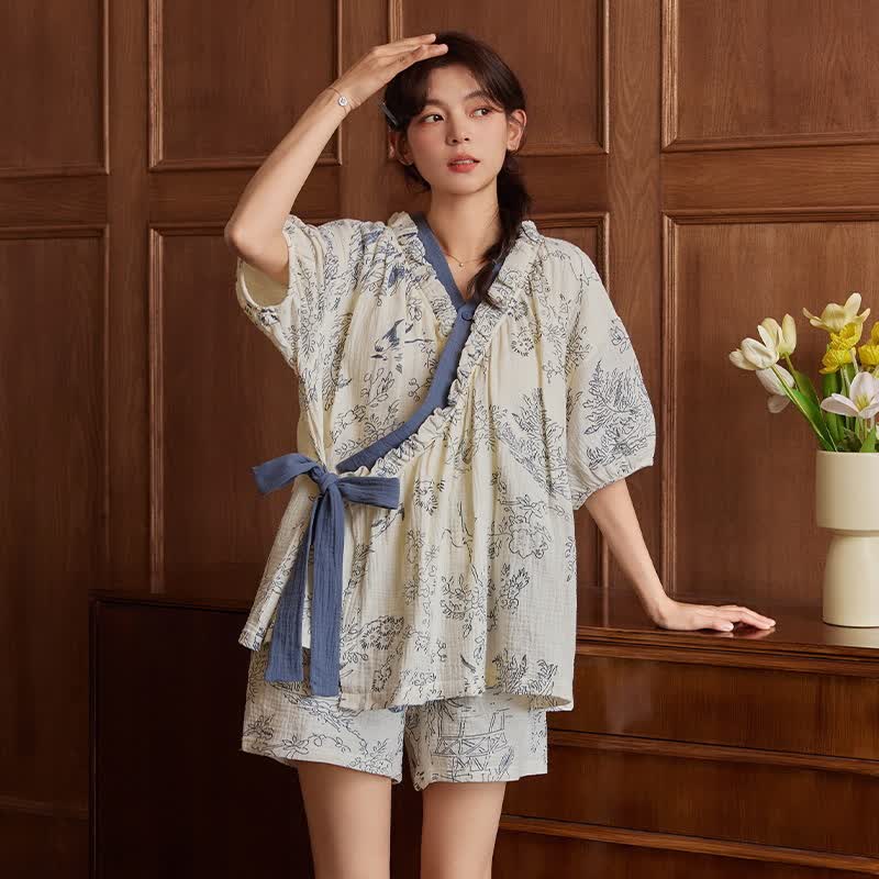 Rustic Floral Short Sleeve Bra Free Pajama Set