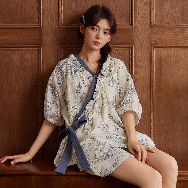 Rustic Floral Short Sleeve Bra Free Pajama Set