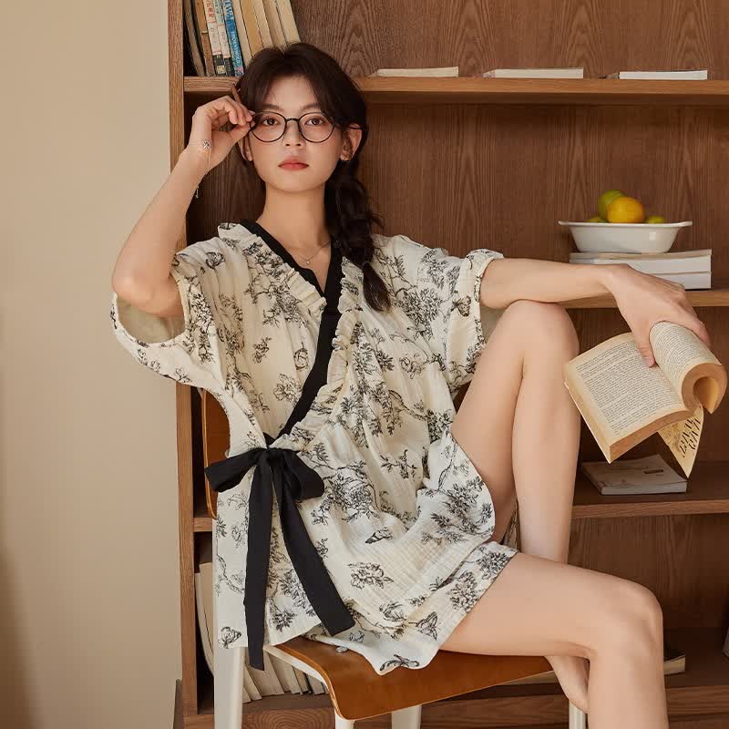 Floral Butterfly Short Sleeve Bra Free Pajama Set