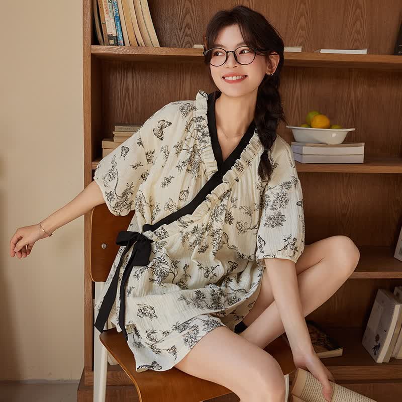 Floral Butterfly Short Sleeve Bra Free Pajama Set