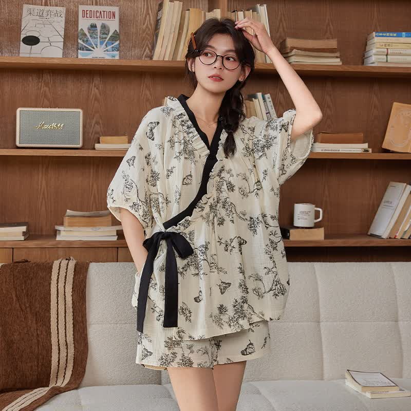 Floral Butterfly Short Sleeve Bra Free Pajama Set