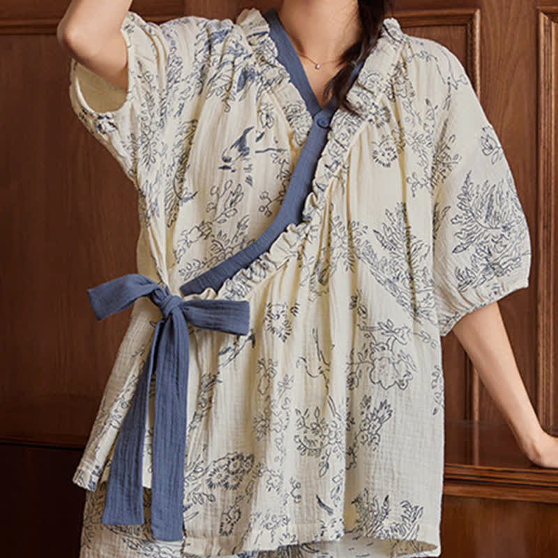Rustic Floral Short Sleeve Bra Free Pajama Set