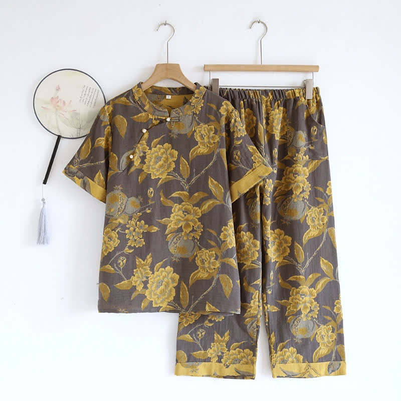 Cotton Yarn-dyed Retro Short-sleeve Loungewear Set