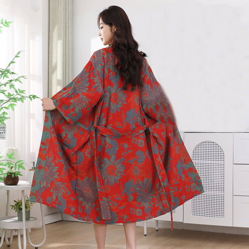 Double-layer Cotton Gauze Floral Print Bathrobe
