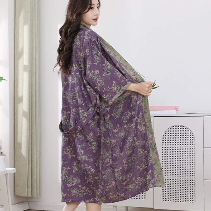 Double-layer Cotton Gauze Purple Floral Print Bathrobe