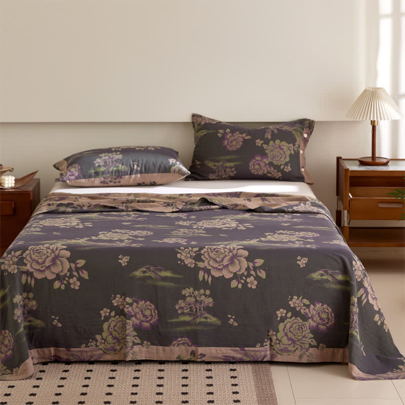Luxurious Floral Cotton Gauze Yarn-dyed Reversible Coverlet