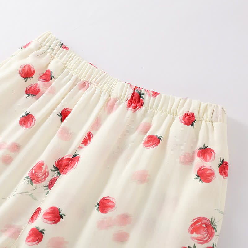 Bamboo Fiber Red Floral Round-neck Pajama Set