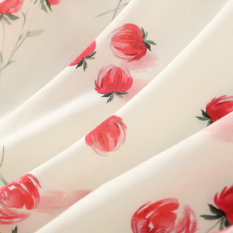 Bamboo Fiber Red Floral Round-neck Pajama Set