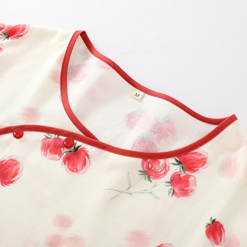 Bamboo Fiber Red Floral Round-neck Pajama Set