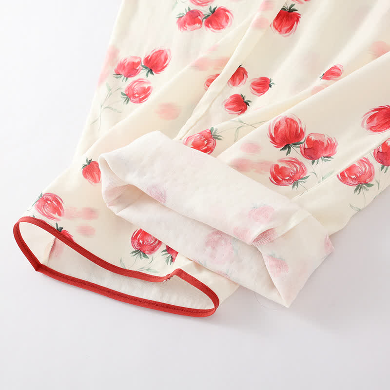 Bamboo Fiber Red Floral Round-neck Pajama Set