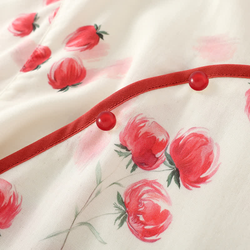 Bamboo Fiber Red Floral Round-neck Pajama Set