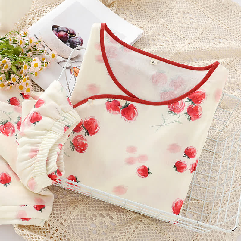 Bamboo Fiber Red Floral Round-neck Pajama Set
