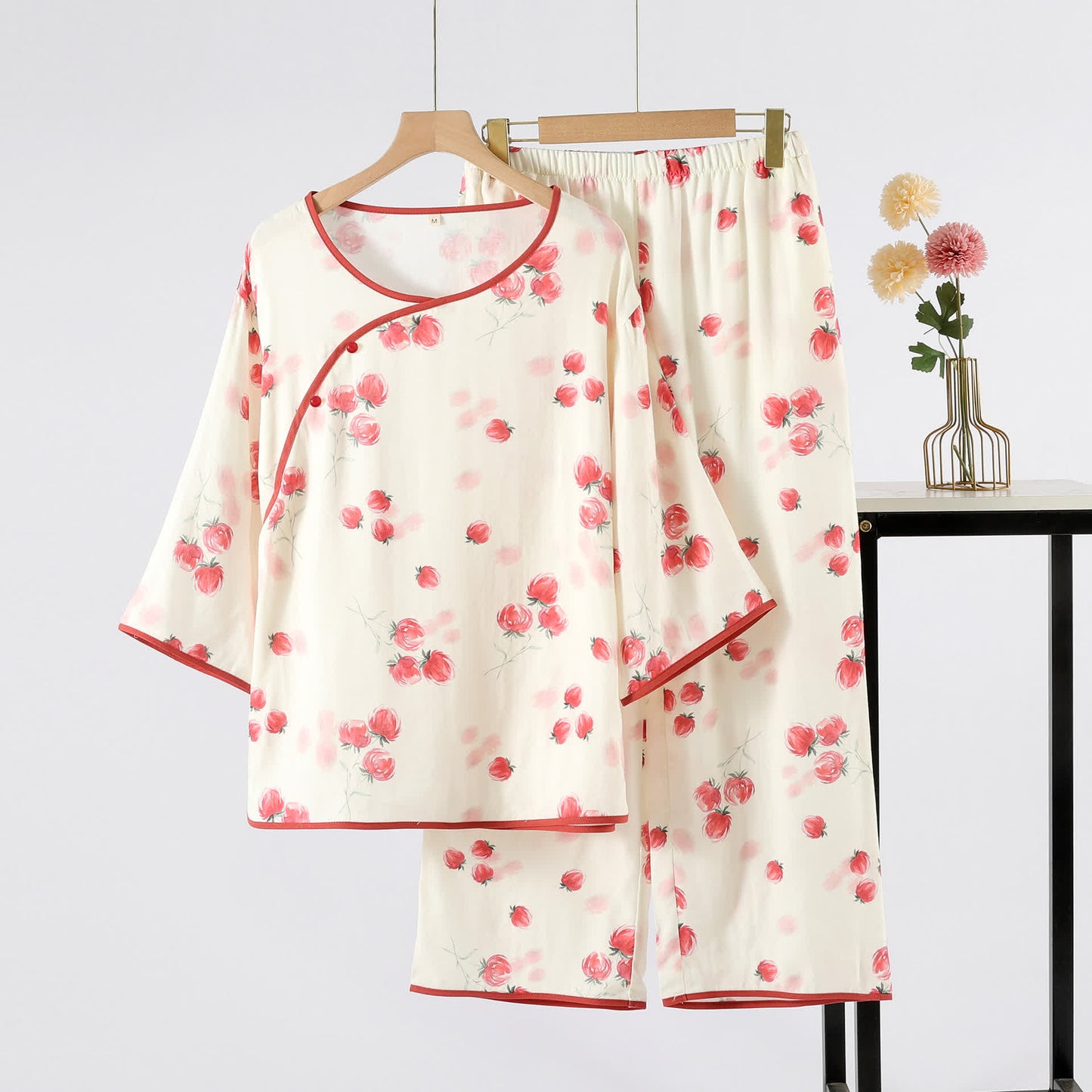 Bamboo Fiber Red Floral Round-neck Pajama Set