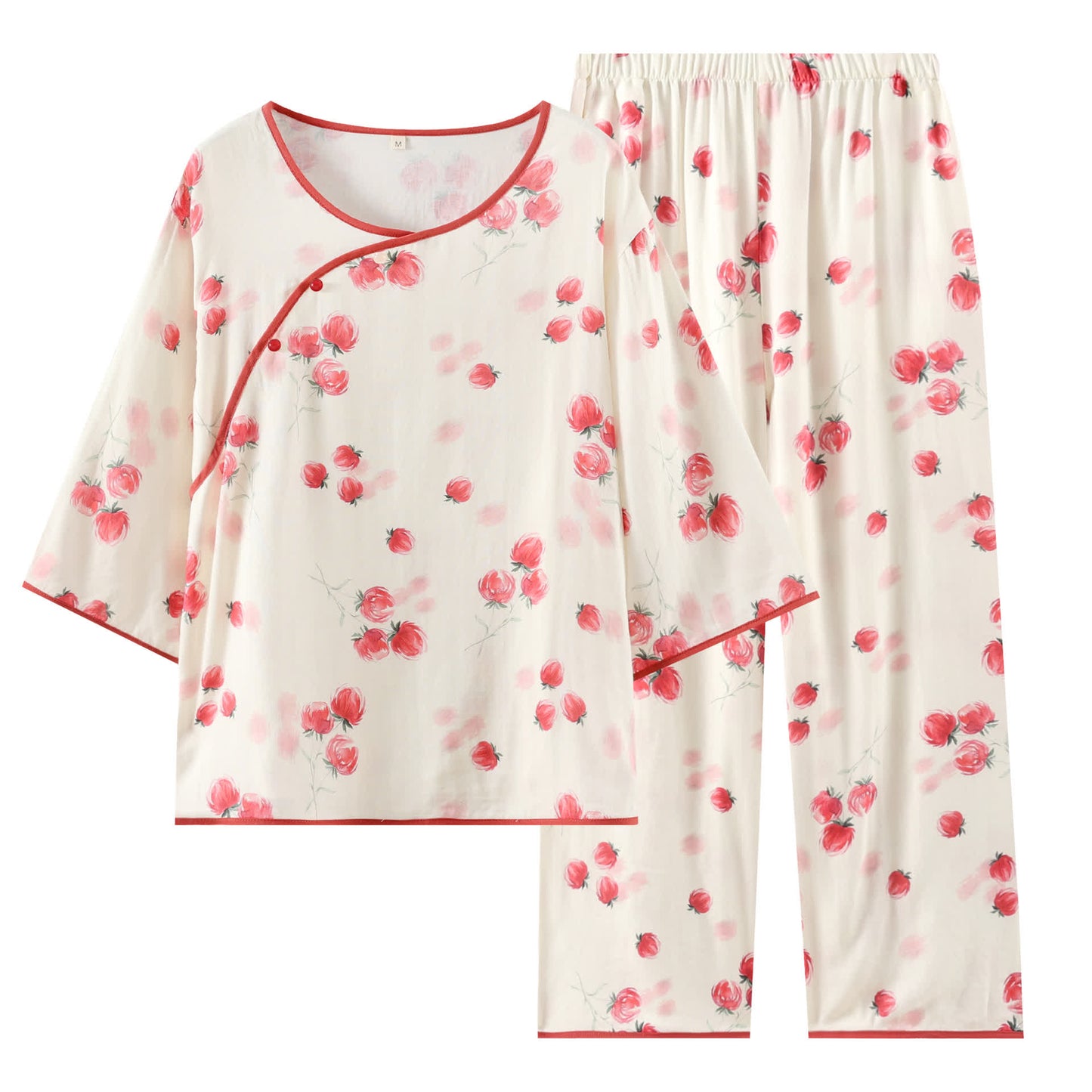 Bamboo Fiber Red Floral Round-neck Pajama Set