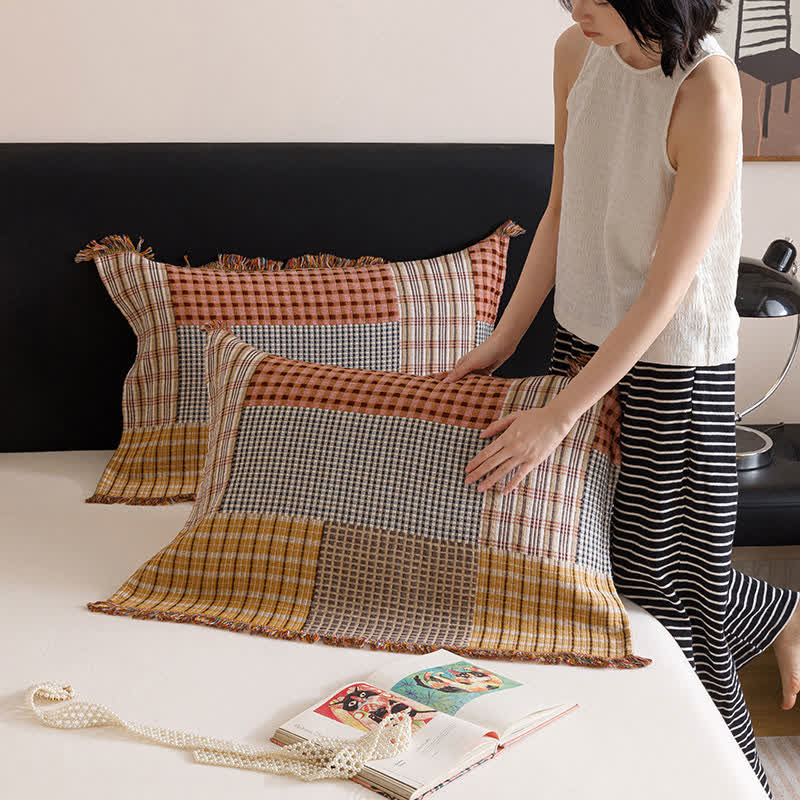Plaid Print Four-layer Cotton Gauze Tassel Quilt