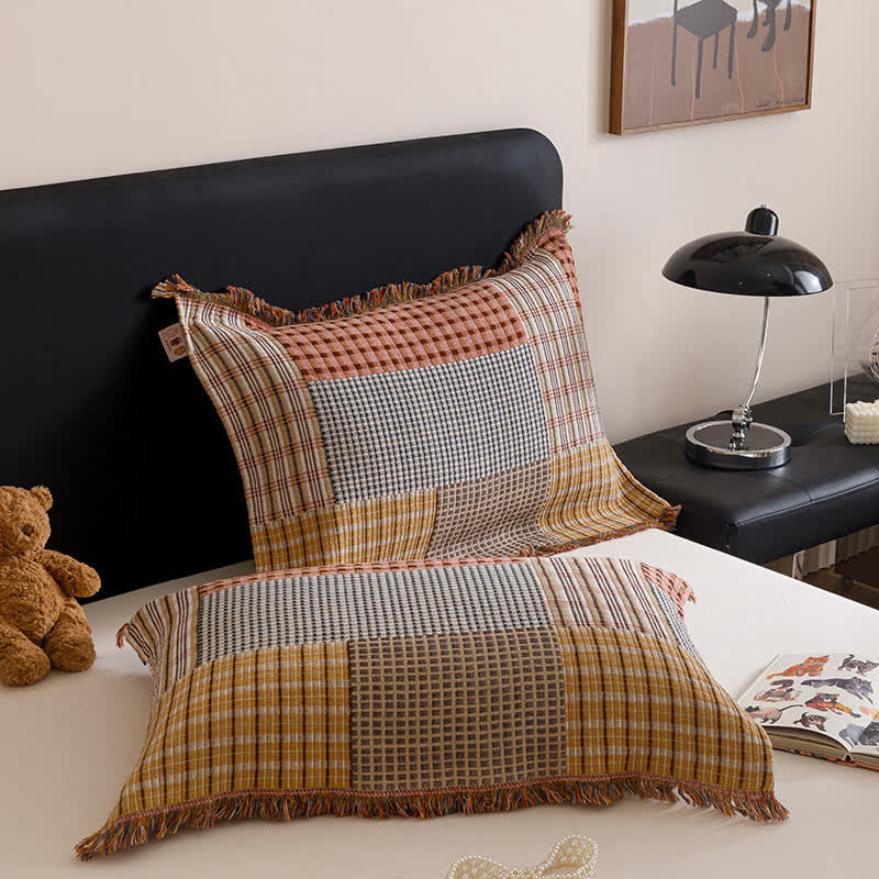 Plaid Print Four-layer Cotton Gauze Tassel Quilt