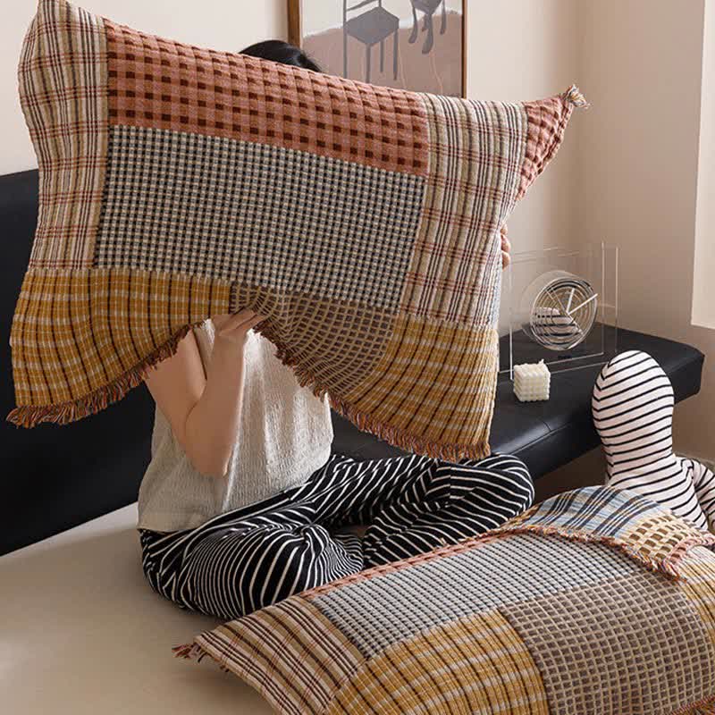 Plaid Print Four-layer Cotton Gauze Tassel Quilt